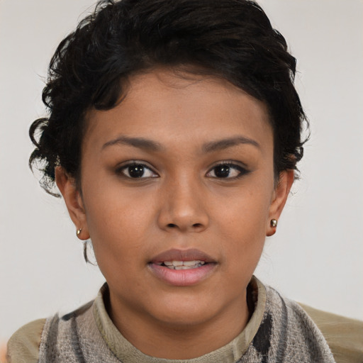 Neutral asian young-adult female with short  brown hair and brown eyes
