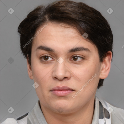 Joyful white young-adult female with medium  brown hair and brown eyes