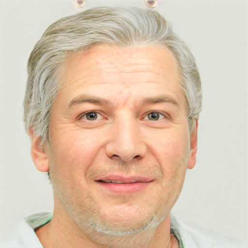 Joyful white middle-aged male with short  brown hair and grey eyes