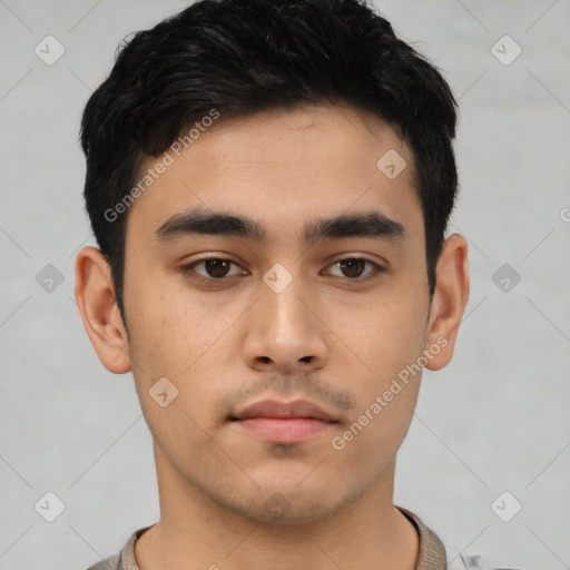 Neutral asian young-adult male with short  black hair and brown eyes