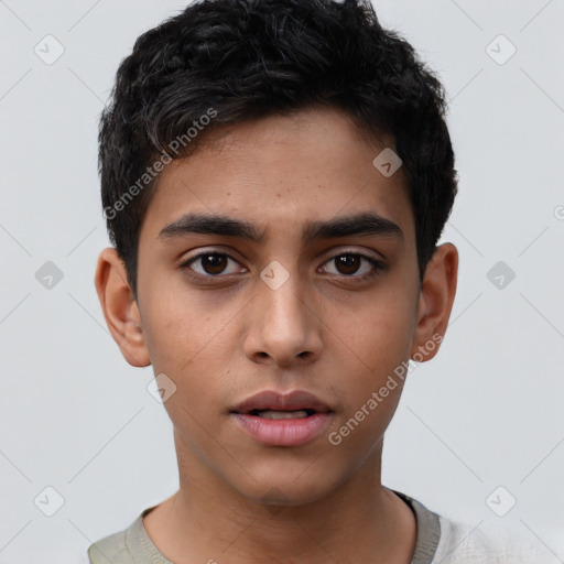 Neutral latino young-adult male with short  black hair and brown eyes