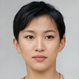 Neutral asian young-adult female with short  black hair and brown eyes