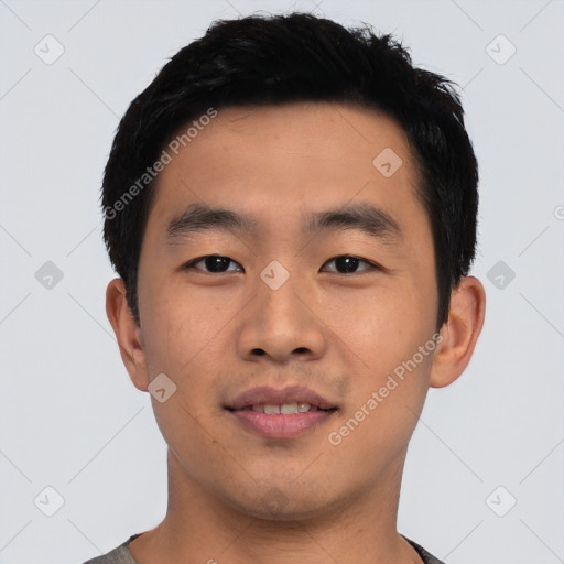 Neutral asian young-adult male with short  black hair and brown eyes