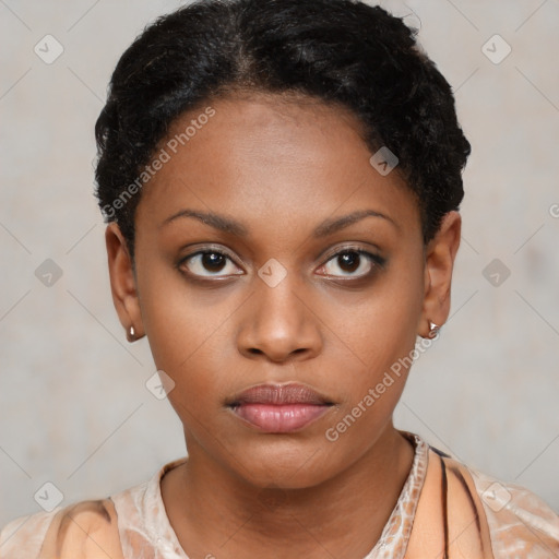 Neutral latino young-adult female with short  black hair and brown eyes