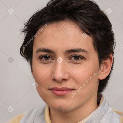 Joyful white young-adult female with short  brown hair and brown eyes