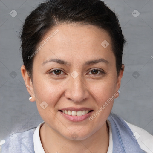 Joyful white adult female with short  brown hair and brown eyes
