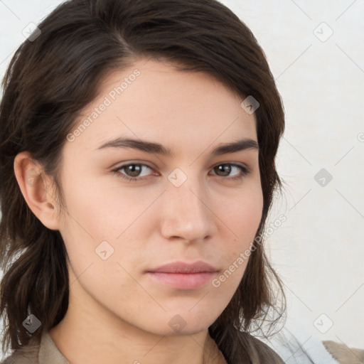 Neutral white young-adult female with medium  brown hair and brown eyes