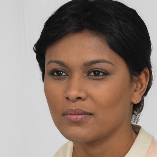 Neutral asian young-adult female with short  black hair and brown eyes