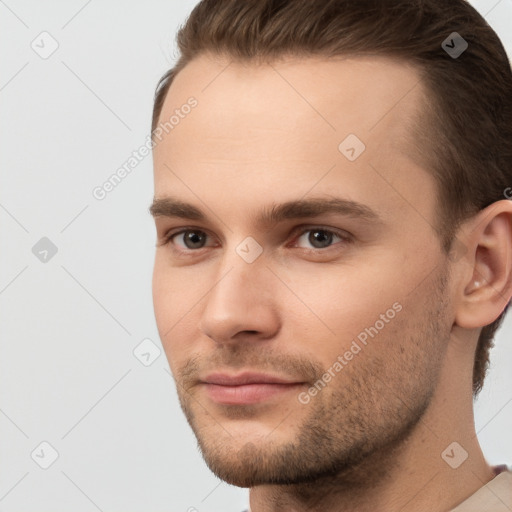 Neutral white young-adult male with short  brown hair and brown eyes