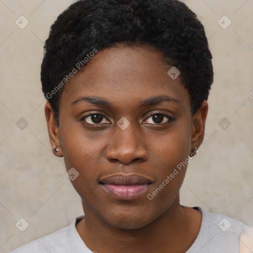 Neutral black young-adult female with short  black hair and brown eyes