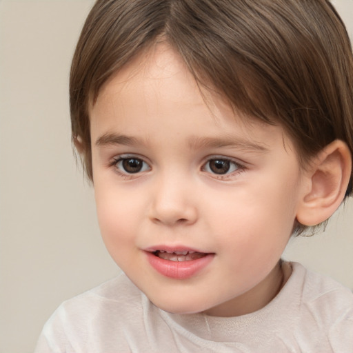 Joyful white child female with medium  brown hair and brown eyes