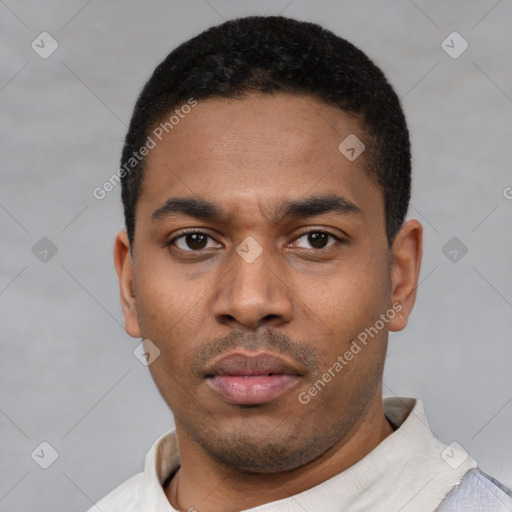 Neutral latino young-adult male with short  black hair and brown eyes