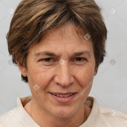 Joyful white adult female with short  brown hair and brown eyes