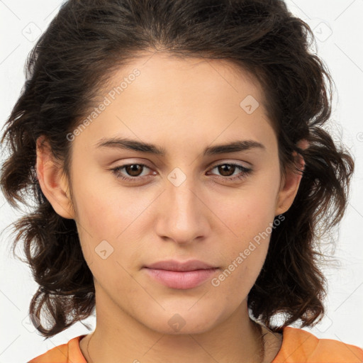 Neutral white young-adult female with medium  brown hair and brown eyes