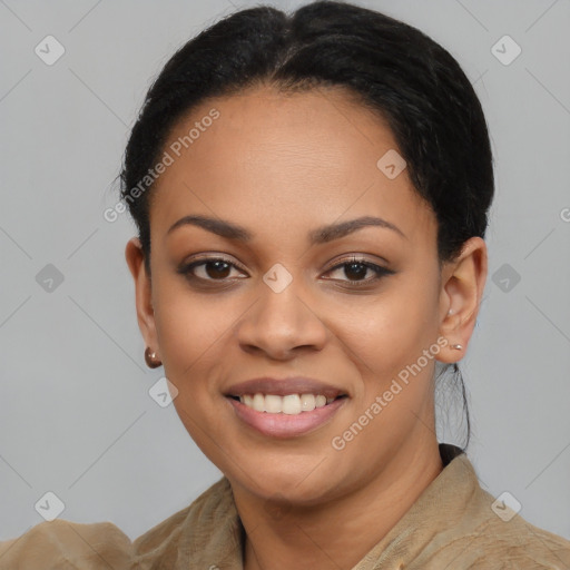 Joyful latino young-adult female with short  black hair and brown eyes