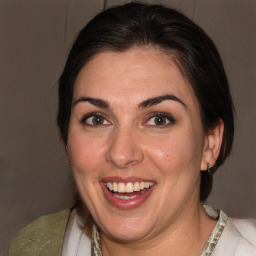 Joyful white adult female with medium  brown hair and brown eyes