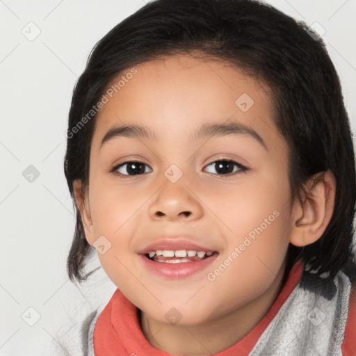 Joyful white child female with medium  brown hair and brown eyes