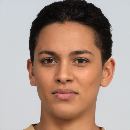 Neutral latino young-adult female with short  brown hair and brown eyes