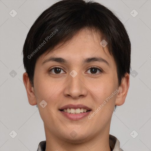 Joyful white young-adult female with short  brown hair and brown eyes