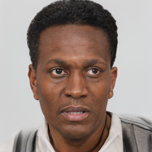 Neutral black adult male with short  black hair and brown eyes