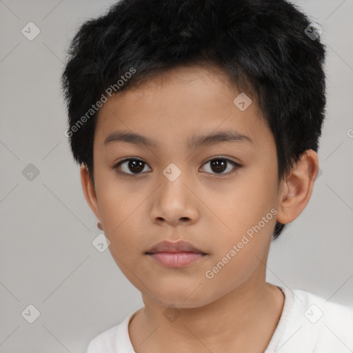 Neutral latino child male with short  black hair and brown eyes