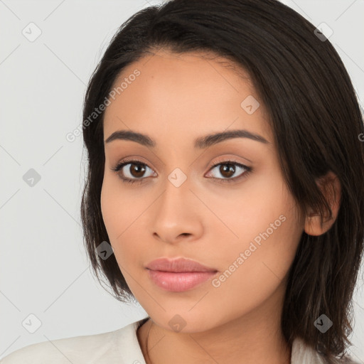 Neutral white young-adult female with long  brown hair and brown eyes