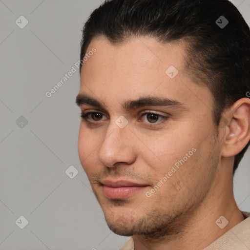 Neutral white young-adult male with short  brown hair and brown eyes