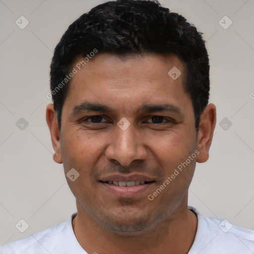 Joyful white young-adult male with short  black hair and brown eyes