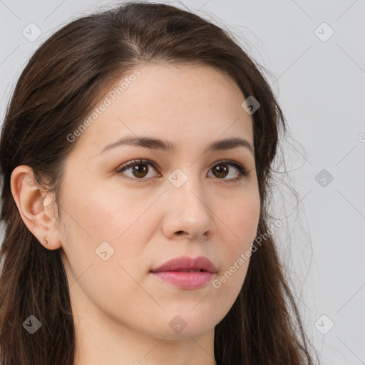 Neutral white young-adult female with long  brown hair and brown eyes