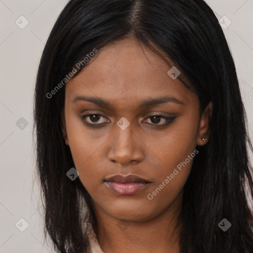 Neutral asian young-adult female with long  brown hair and brown eyes