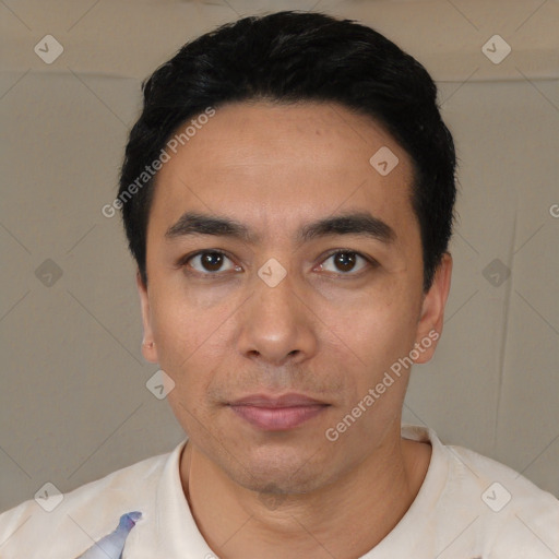 Neutral asian young-adult male with short  black hair and brown eyes