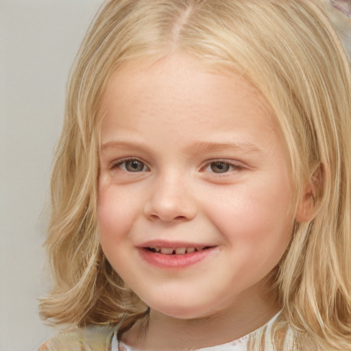 Joyful white child female with medium  blond hair and brown eyes