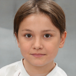 Joyful white child female with medium  brown hair and brown eyes