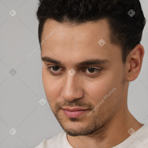 Neutral white young-adult male with short  brown hair and brown eyes