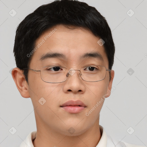 Neutral asian young-adult male with short  brown hair and brown eyes