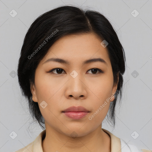 Neutral asian young-adult female with medium  black hair and brown eyes