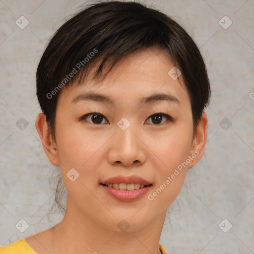 Joyful asian young-adult female with medium  brown hair and brown eyes