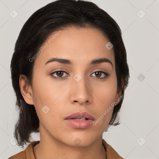 Neutral white young-adult female with medium  brown hair and brown eyes