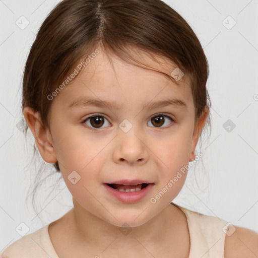 Joyful white child female with medium  brown hair and brown eyes