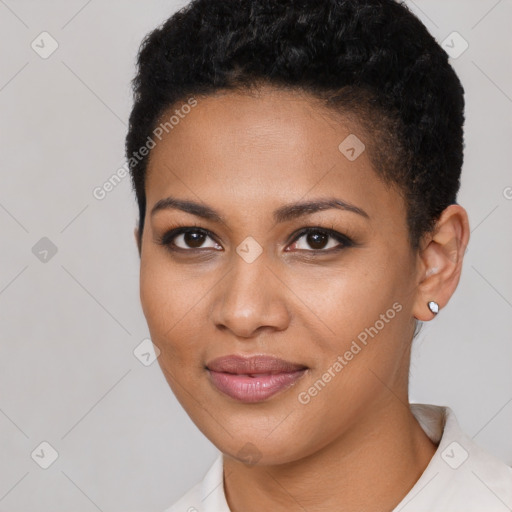 Joyful latino young-adult female with short  black hair and brown eyes