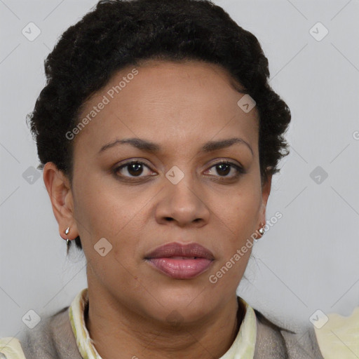 Joyful black adult female with short  brown hair and brown eyes