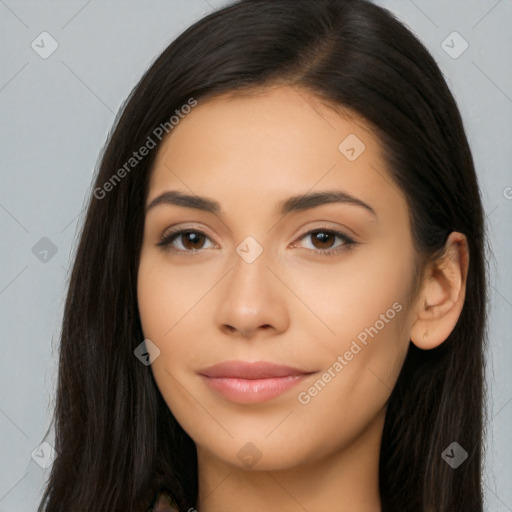 Joyful latino young-adult female with long  brown hair and brown eyes