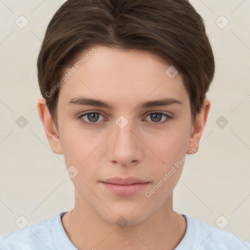 Neutral white young-adult female with short  brown hair and brown eyes