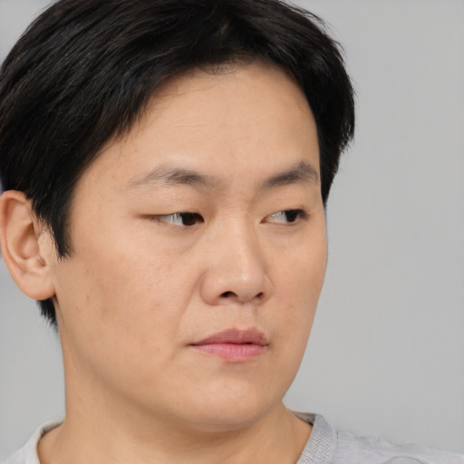 Neutral asian young-adult male with short  brown hair and brown eyes