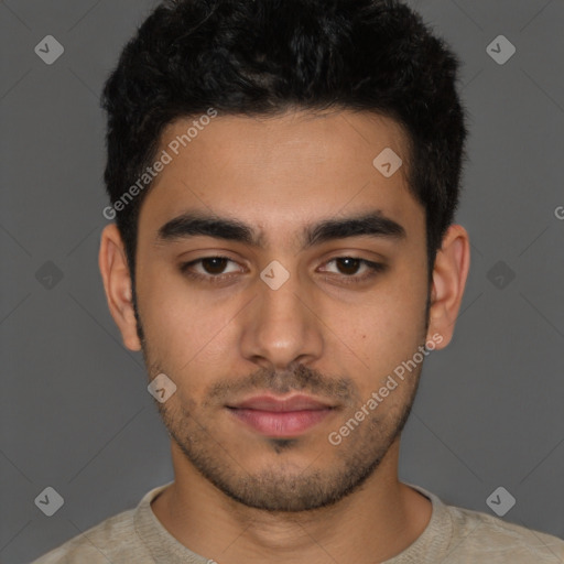 Neutral latino young-adult male with short  black hair and brown eyes