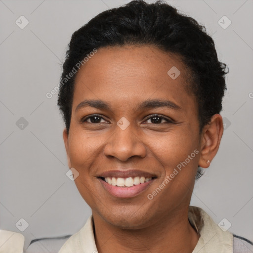 Joyful latino young-adult female with short  brown hair and brown eyes