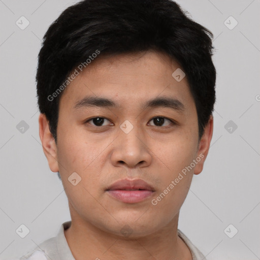 Neutral asian young-adult male with short  black hair and brown eyes