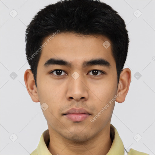 Neutral asian young-adult male with short  black hair and brown eyes