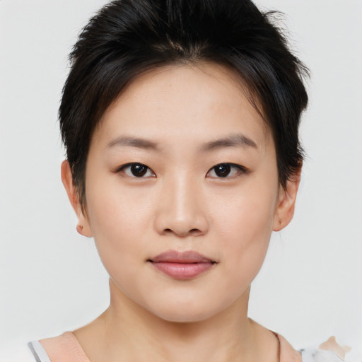 Neutral white young-adult female with short  brown hair and brown eyes