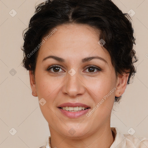 Joyful white adult female with short  brown hair and brown eyes